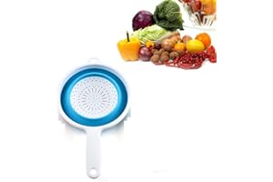 BANSHAN Long Handled Drain Basket,Silicone Collapsible Colander Sieve, Kitchen Foldable Colander Silicone Strainer, Environmentally Friendly Non-Toxic Easy to Clean.(White/Blue)