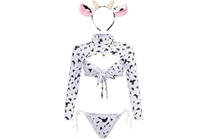 JasmyGirls Krowa cosplay bielizna damska seksowny kostium pokojówki anime bikini niegrzeczny strój do odgrywania ról kawaii nadruk uroczy biustonosz zestaw majtek, Bikini, XS-M