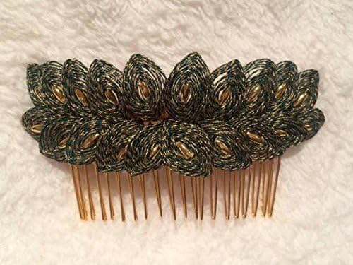 Dark Green and Gold Handspun Haircomb with Gold Beading