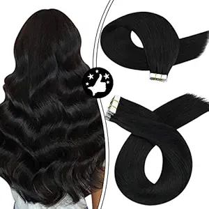 Black Tape in Hair Extensions, Moresoo Real Hair Tape in Extensions 16inch Jet Black Natural Hair Extensions 50Grams 20Pieces Seamless Black Hair Tape in Extensions