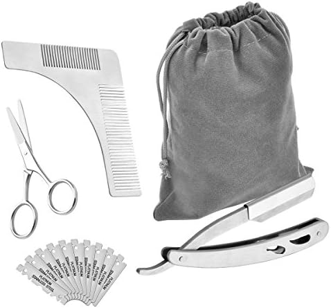 Beard Grooming Kit, Beard Tools with Beard Shaping Comb, Scissor and Included 10pcs Straight Razor Blades by AIlen J