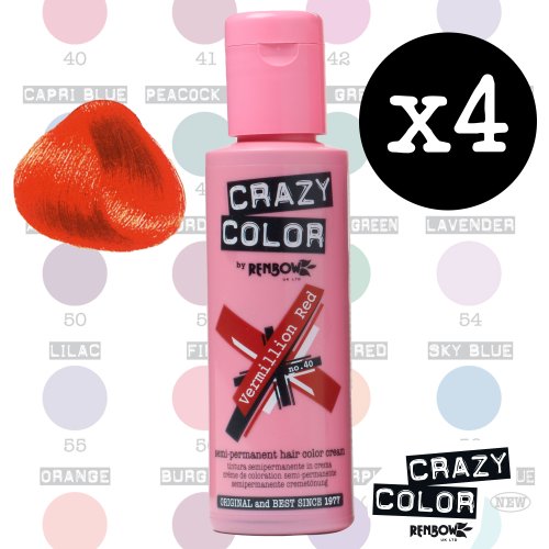 Crazy Colour Semi Permanent Hair Dye By Renbow Vermillion Red No.40 (100ml) Box of 4
