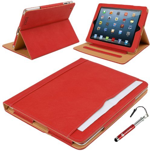 Madcase Apple iPad Air 2 / Air Smart Case Etui Faux Ledertasche Hülle mit Auto Schalf und Wach Sleep-Funktion inkl. Displayschutzfolie und Stylus Touch stift - Rot / Beige