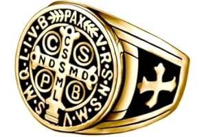 BOBIJOO Jewelry - Bague Chevalière Homme Croix Saint Benoît Protection Démon Acier Plaqué Or Noir