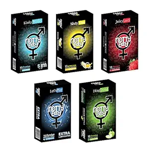 NOTTY BOY Variety Mixed Condoms Family Pack - Ultra Thin Banana, Green Apple, Strawberry, Super Slim, Extra Lubricated - (5x10s)