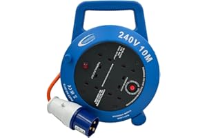 CONNEXION ELECTRICAL LTD Caravan Mains Hook Up Cable Extension Lead Reel 10m 4 Sockets 240V 16 Amps 240V Heavy Duty Plug Neon Light for Power Indication Thermal Cutout for Overload Protection