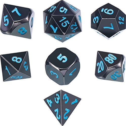 Lega di Zinco Brillante Nero Dipinto e Blu Numeri Metallo Poliedrico 7-Die Dice Set Metallo Ruolo Set di Dadi da Gioco per Dungeons e Draghi, RPG Dice Gioco, D&D, Insegnamento della Matematica