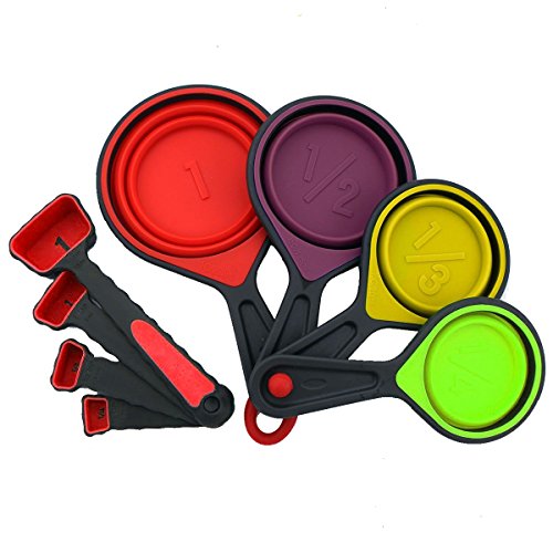 Faltbare Silikon-Messbecher und Löffel 8 Stück Set Messgerät mit Gravur Metrisch/Amerikanisch für messen ohne waage, platzsparend, bunt