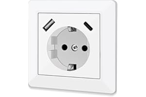 HANYEAL Steckdose mit USB Anschluss und Typ C (max. 5 V 3,4 A) Schuko Steckdose mit USB Anschluss Glänzend Schuko Unterputz Steckdose System 55 Reinweiß Wandsteckdose Schutzkontaktsteckdose