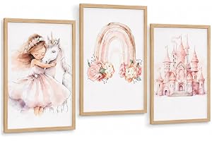 FENGQQKJ Bilder för flickors sovrum, 3-delat rosa plakat 30x40 cm, prinsessa enhörning slott regnbåge flickdekoration, för barnrumsbilder, väggdekoration (utan ram)