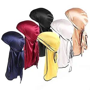 6 Pack Silky Durag with Wave Brush Elastic Headwrap Cap with Long Tail for Men&Women Hair Waves