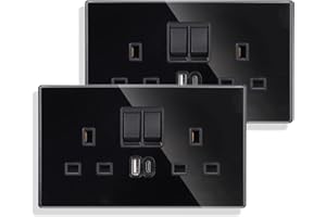 JIMEIDA 2 Pack Double Switched Socket 13 Amp with USB A and Type C Charging Ports Crystal Black Glass Panel Wall Outlet Electric Power Socket