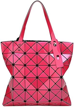 Women Hologram Geometric Split Joint Plaid Shoulder Handbag,RoseRed-OneSize