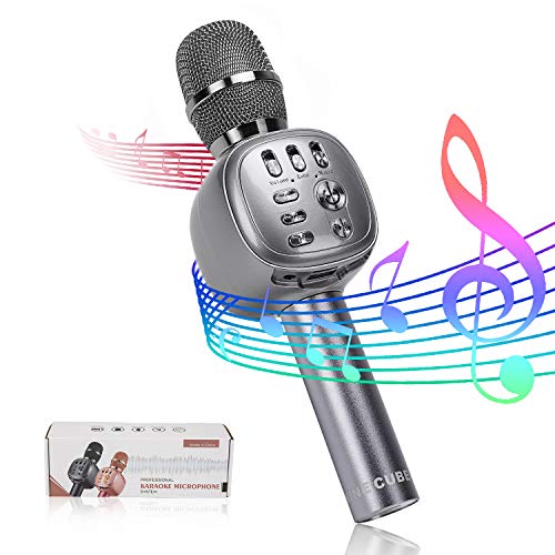 Microfono inalambrico karaoke Bluetooth, NINE CUBE karaoke mic 3 en 1 de mano, Reproductor, Regalo para amigos y ninos, Compatible con IOS, Android, PC y otros productos inteligentes (Gris)