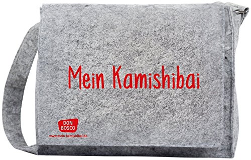 Umhängetasche "Mein Kamishibai" aus grauem Filz, mit längenverstellbarem Tragriemen und langem Üb