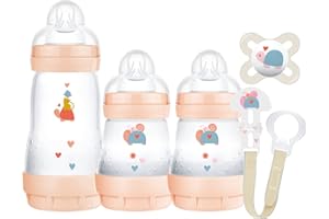 MAM Welcome to The World Set | Baby Gift Set with 3X Feeding Bottles, 0-2 Month Soother and MAM Dummy Clip | Baby Accessories for Newborn | Peach (Various Designs)