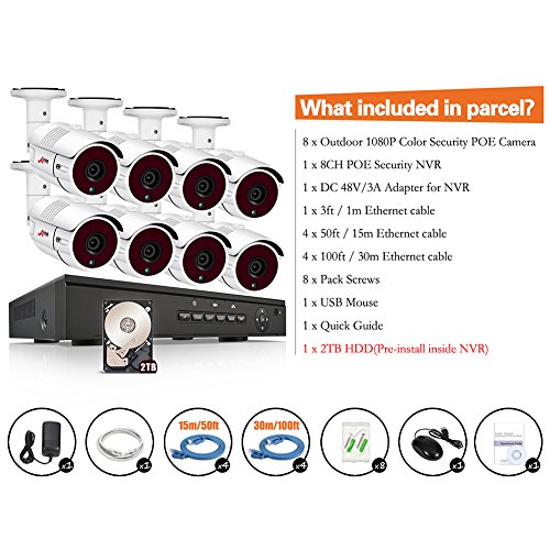[POE Camera System 1080P] POE Security Camera Systems 8 channel with 8 Outdoor POE Cameras and 2TB Hard Drive Remote Access HDMI/VGA Output Multiple Device Viewing Motion Detection SWINWAY ANRAN