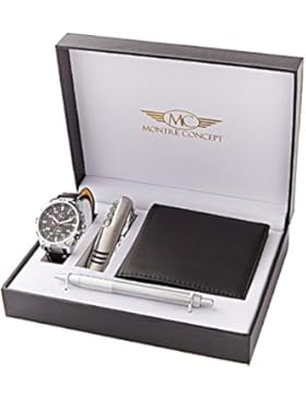 Gift IdeasGeschenkset Herren Armbanduhr mit Multifunktionsmesser, Geldbörse und Stift, Schwarz