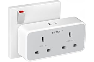 TESSAN Double Plug Adapter UK with 2 USB, 2 Way Multi Plugs Extension Socket, 13A UK Dual Surge Protected Wall Charger Power Adaptor for Home, Office, Kitchen, School Supplies