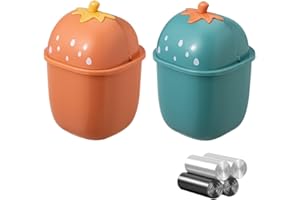 QLFJ-FURDEC 2 Pezzi Mini Bidone Spazzatura con Coperchio per Bagno, Pattumiera da Tavolo con 120 Sacchetti di Cestino, Portatile Portarifiuti per Cucina, Fragola Desktop Cestino 16 x 16 x 25cm (Arancione, Verde)