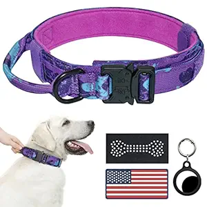 Tactical Dog Collar, Hotsky Dog Collar Adjustable Military Training Nylon Collars with Handle, Heavy Duty Collar with Metal Buckle for Medium Large Dogs, with Two Patches (Purple Camo, L)