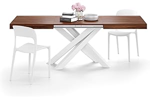 Mobili Fiver, Tavolo Allungabile Emma 140(220) x90 cm, Noce Canaletto con Gambe Incrociate Bianche, per 6-10 persone, Tavolo Cucina, Soggiorno, Made in Italy