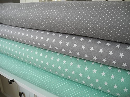 Lottashaus Jersey no3 Stoffpaket 4 Stück 50x70cm Mint Grau Tupfen Sterne Baumwolljersey Kinder Kleidung Stoffe