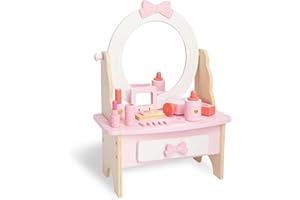 WOODENFUN Pink Girl Wooden Dressing Table, Circular Arch Shaped Mirror that can Rotate 360°, Drawer, Equipped with 7pcs Makeup Accessories, Desktop Makeup Table (Rundbogen)