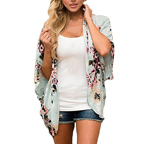 Culater Mujeres Tops Cardigan Chal de Gasa Kimono Impresos Encubrir Blusa (S, Verde)