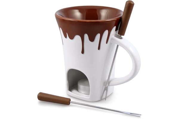 Swissmar F12064 Lot de 4 tasses à fondue au chocolat nostalgique, céramique/acier inoxydable, blanc/marron, 120 ml, bougie chauffe-plat, passe au lave-vaisselle, boîte cadeau