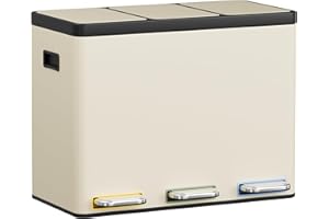 Clevich Mülltrennsystem 3×15L aus Stahl, Mülleimer 3 Fächer mit farbcodierten Pedalen, Abfalleimer mit Soft-Close-Deckeln und Inneneimern, Beige