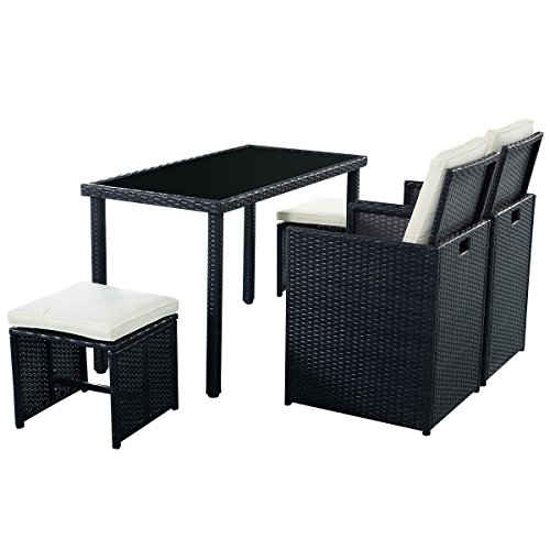 5tlg Gartenmöbel Polyrattan Lounge Set Esstisch Set Rattanmöbel Gartensitzgruppe Essgruppe Gartengarnitur Gartenset Tisch Stühlen Hocker Garnitur inkl. Kissen