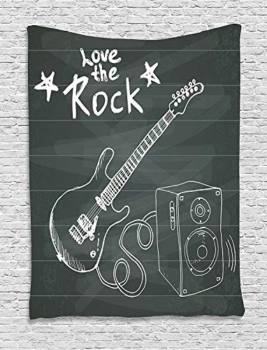 daawqee Guitar Tapestry Love The Rock Music Themed Sketch Art Sound Box and Text on Chalkboard for Living Room Bedroom Dorm 60 W X 80 L Inches Unique Home Decor