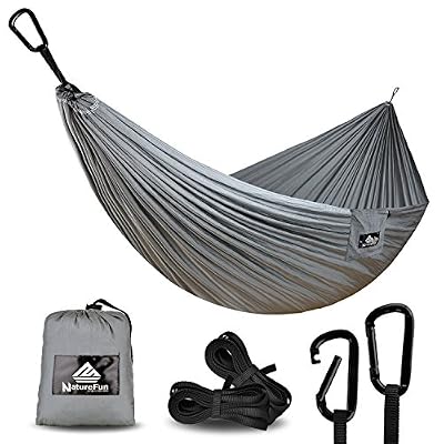 NatureFun Hamac ultra-léger de voyage Camping | 300 kg Capacité de charge,(300 x 140 cm) respirante, nylon à parachute à séchage rapide | 2 x Mousquetons de qualités, 2 x sangles de nylon Inclus | Pour jardin d'interieur/extérieur | Garantie 100% s…
