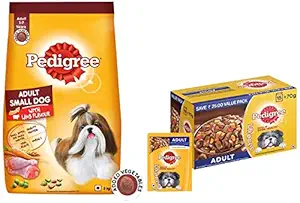 Pedigree Adult Wet Dog Food, Grilled Liver Chunks Flavour in Gravy with Vegetables, 15 Pouches ( 15 X 70 g ) & Adult Small Dog Dry Food, Lamb & Veg Flavour ? 3 kg Pack
