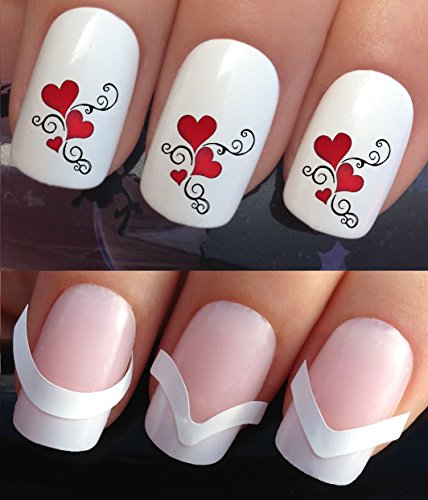 VALENTINES DAY WATER NAIL TRANSFERS DECALS STICKERS ART SET #05 & 172. **plus x48 nail tip guides!!** x16 HEARTS TRIO & SWIRLS GIRLFRIEND WIFE TATTOO WRAPS & x48 FRENCH MANICURE TIP GUIDES! CAN BE USED WITH NATURAL GEL ACRYLIC STICK ON NAILS! OR WITH GLITTER DUST CAVIAR BEADS ALLOYS DECORATIONS CONFETTI FIMO SHAPES TAPE PENS RHINESTONES!