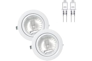 oniroview Set di 2 faretti con lampada alogena da incasso per mobili, bianco lucido, dimmerabili, con lampadina bispina 12 V 14 Watt resa da 20W, G4 cavo di collegamento 15 cm