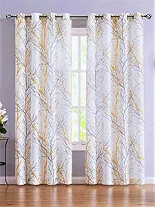 Urban Space100% Cotton Curtains for Door Bedroom, Living Room and kids room, Home Decor Fashion Printed Set of 2 curtains with Stainless Steel Rings (7 feet x 5 feet - Branch Yellow )