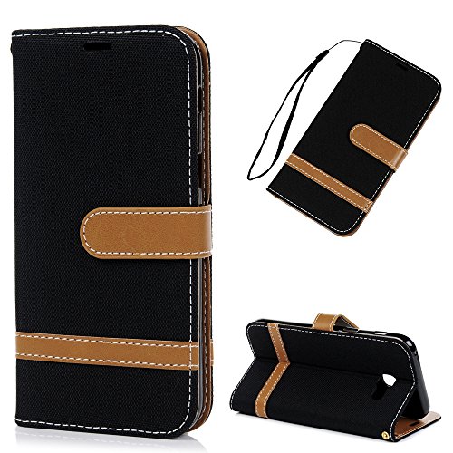 Lanveni A5 2017 Hülle, Handyhülle für Flip Case Cover Denim+PU Lederhülle Schutzhülle Magnetverschluss Ledertasche mit Stander Function Brieftasche Card Slot Handy Tasche mit Bunte Gemalt Design für Samsung Galaxy A5 2017 Hülle (Schwarz) + 1 x Stylus Stift + 1 x Schutzfolie - 2