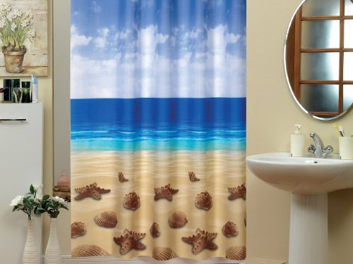 EDLER Textil Duschvorhang 120 x 200 cm "Seesterne & Muscheln am Strand" Blau Weiss Braun inkl. Ringe