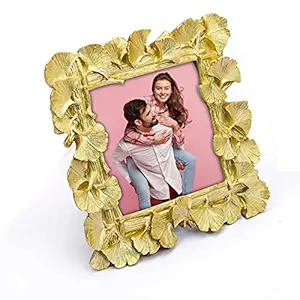 MelangeGift- Fluted Leaf Design Photo Frame Online for Him, Her, Diwali, Housewarming, Baby Shower and Many More (Material- Metal, Color- Golden, Size- 4x4)