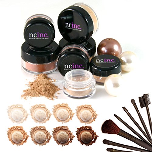 MEDIUM SKIN 14pc Bare Naked Skin Mineral Makeup Set (Medium) by NCinc. + Complete Brush Set. Minerals Makeup Starter Kit