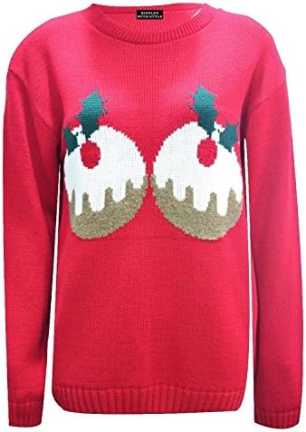NEW WOMENS CHRISTMAS JUMPER 2 PUDDING KNITTED XMAS NOVELTY SWEATER S/M M/L L/XL (UK M/L (12/14), Red)