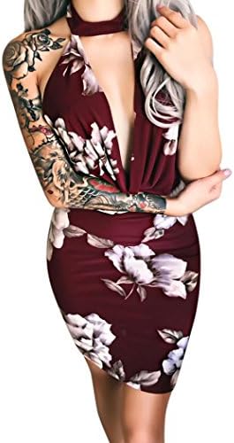 Leisun Women Sexy Sleeveless Dresses Vintage Elegant Floral Printed Skater Dress Deep V Neck Halter Mini Dress Fitted Bodycon Evening Party Dress Cocktail Formal Swing Dresses For Women (Wine Red, M)