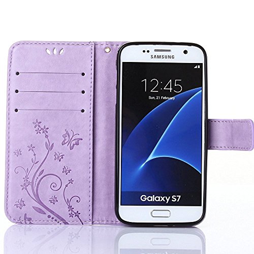 Galaxy S7 Hülle,Samsung Galaxy S7 Hülle Case Flower Ledertasche Schutzhülle Cover Etui Tasche,Samsung Galaxy S7 Hülle Leder,EMAXELERS Samsung Galaxy S7 Hülle Glitzer,Galaxy S7 Case Blumen Schmetterling Muster PU Leder Brieftasche Hülle Flip Wallet Case Cover für Galaxy S7,Bookstyle Hüllen Etui Lederhülle mit Standfunktion und Karten-Slots für Samsung Galaxy S7,Light Purple Butterfly - 5