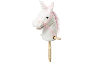 BEJOY Hobby Horse, Stick Horse with Wood Wheels - Real Pony Neighing Galloping Sounds - Plush Unicorn Toy Gift for Kids - White, 36 inches (AA Batteries Required)