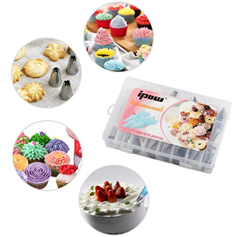 [45 Stück Set] Ipow 40 Edelstahl Spritztüllen Set + 3 wiederverwendbare silikon Spritzbeutel + 2 kunststoff Kupplungen, Tortendeko Zubehör für Biskuit, Keks, Schokolade, Cupcake, Kuchen etc. - 4
