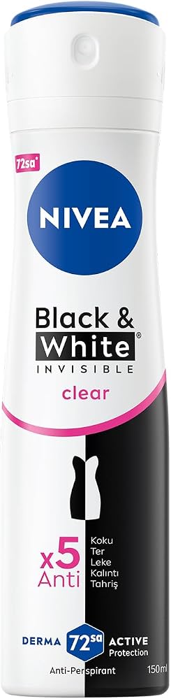 NIVEA Kadın Sprey Deodorant Black&White Invisible Clear 150 ml,72 Saat Terleme ve Ter Kokusuna Karşı Anti Perspirant Koruma, Çiçek Kokusu,Kıyafetlerde Leke Karşıtı, Alkol İçermez