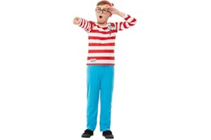 SMIFFY'S Smiffys Where's Wally? Deluxe Costume, Red & White Top with 3D Print, Trousers, Hat & Glasses, Officially Licensed Where's Wally Fancy Dress, Child Wheres Wally Dress Up Costumes