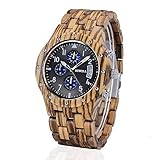 BEWELL Herren Natur Hölzerne Uhr Multifunktionale Quartz Analog Armbanduhr mit Kalender Anzeige Chronograph-Funktion Hölzerne Armband für Männer(Zebra Holz)